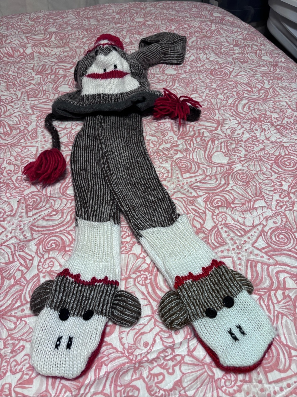 Knit Monkey Hat Scarf and Mittens Set - Gray, White & Red